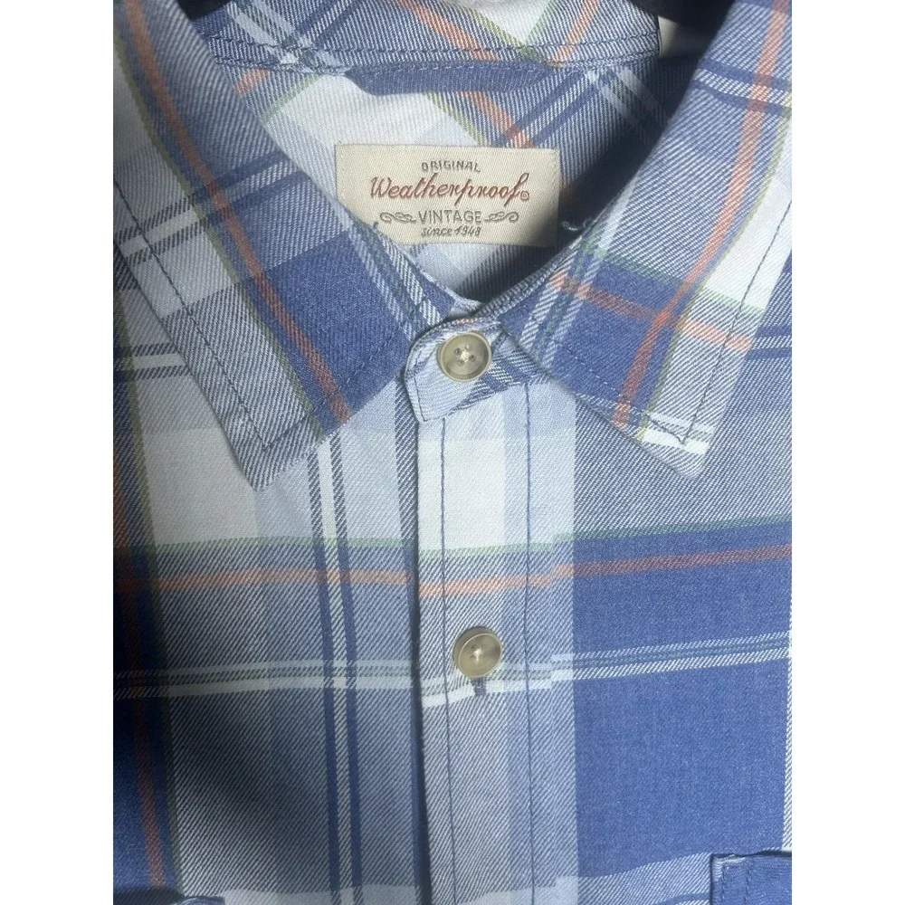 Original Weatherproof Vintage Mens Blue Plaid Flannel Shirt Long Sleeve, Large